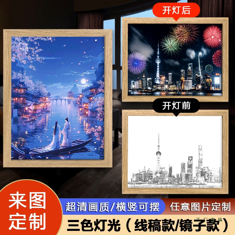 镜子素描灯光画照片定 制创意小夜灯送女生情侣生日礼物相框风景