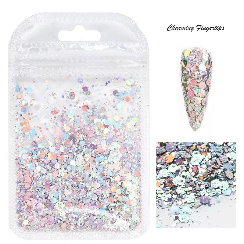 En línea celebridad dopamina Aurora lentejuelas de colores brillo en polvo tamaño mezclado flash uñas DIY decoraciones al por mayor