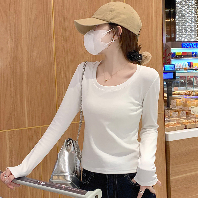 95% Cotton Early Autumn Long-Sleeve T-Shirt for Women, U-Neck, Slim Fit, Regular Shoulder, Solid Color, Slimming Top, Winter Basic Style, Inner Layer Base Shirt