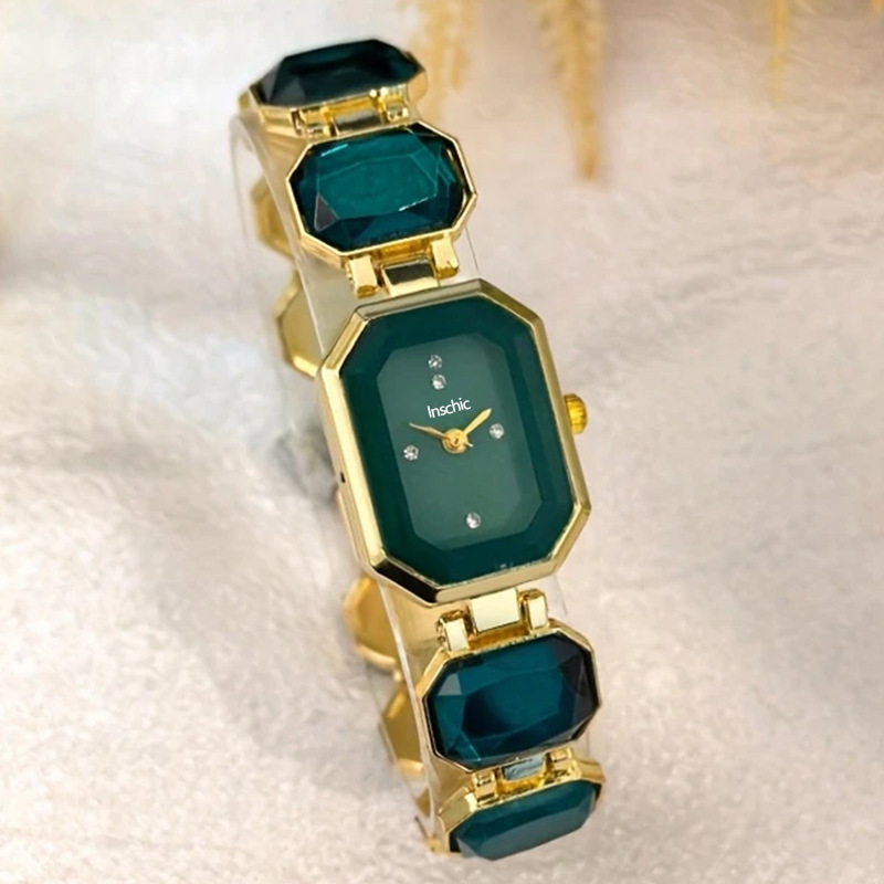 Small Rock Candy, Large Gemstone, Colorful Emerald, Niche High-End Light Luxury Fashion Bracelet Watch, Women's Square Wristwatch