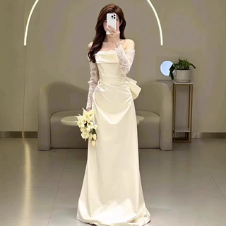 法式轻婚纱森系简约超仙蕾丝迎宾纱名媛宴会一字肩白色缎面礼服裙