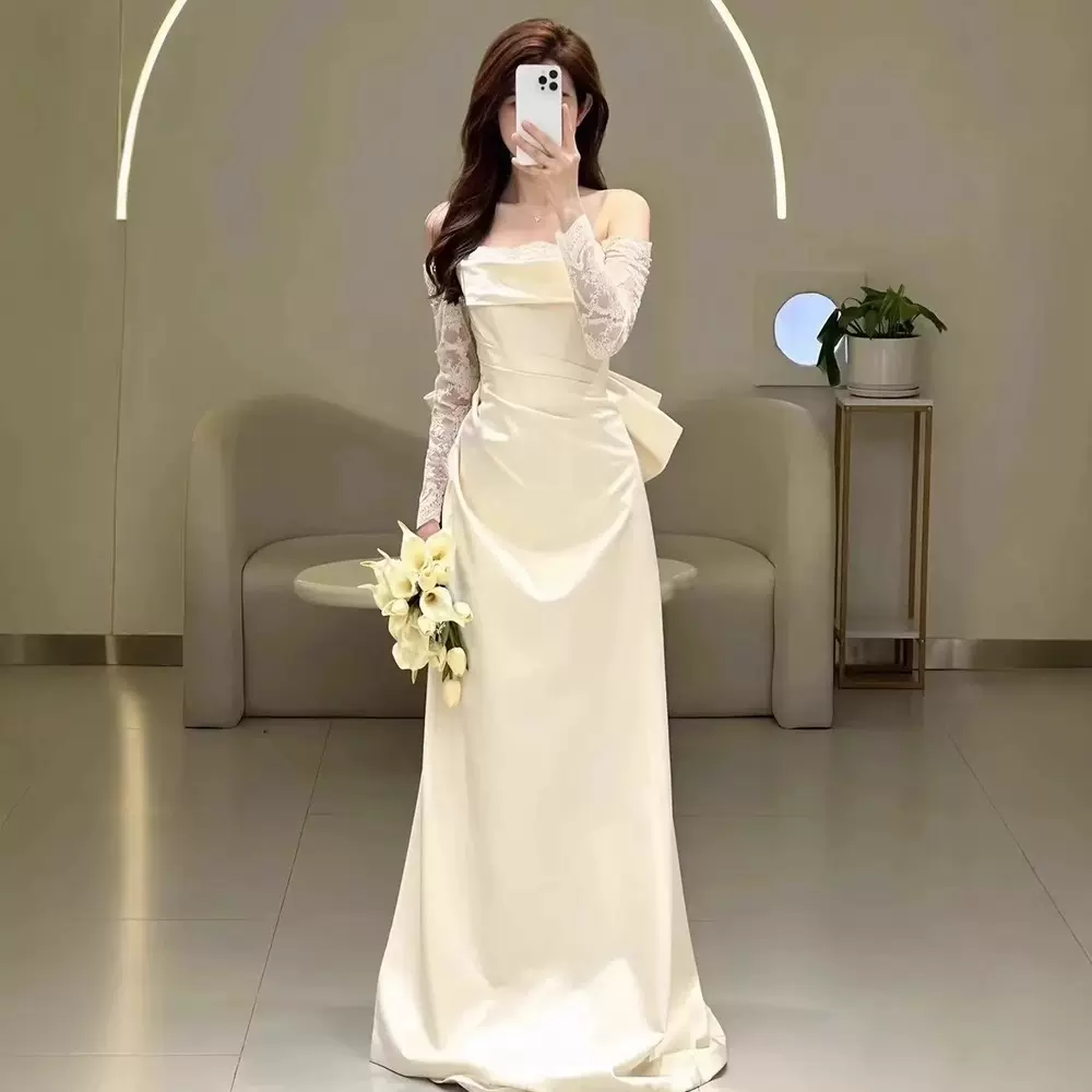 法式轻婚纱森系简约超仙蕾丝迎宾纱名媛宴会一字肩白色缎面礼服裙