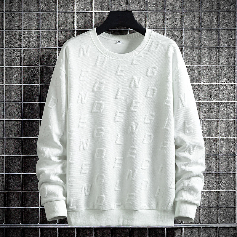 Lazer primavera e outono novo rend moda jacquard tecido cor sólida manga comprida moletom com capuz gola redonda masculino boom_voghion.com