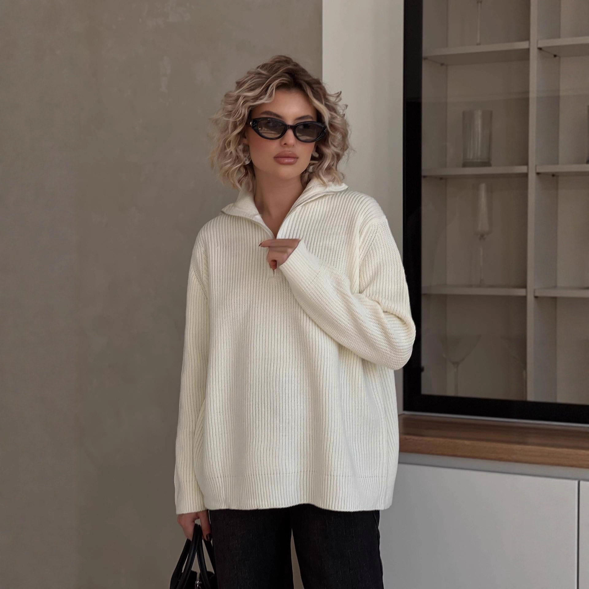 Pull minimaliste en maille ajourée (coupe décontractée, 78 % coton biologique, silhouette unisexe oversize, infroissable, esthétique scandinave)_voghion.com