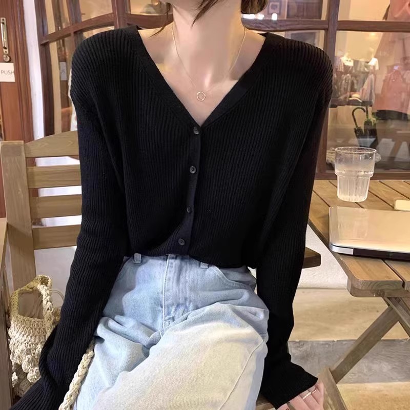 针织衫女v领开衫2025新款黑色薄款打底上衣春秋灰色内搭毛衣外套|undefined
