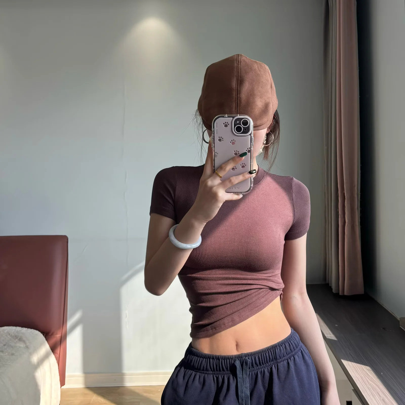 Skims American Easy-To-Wear Elastic T-Shirt for Women Summer New Sexy Versatile Round Neck Basic Clean Version Short Top