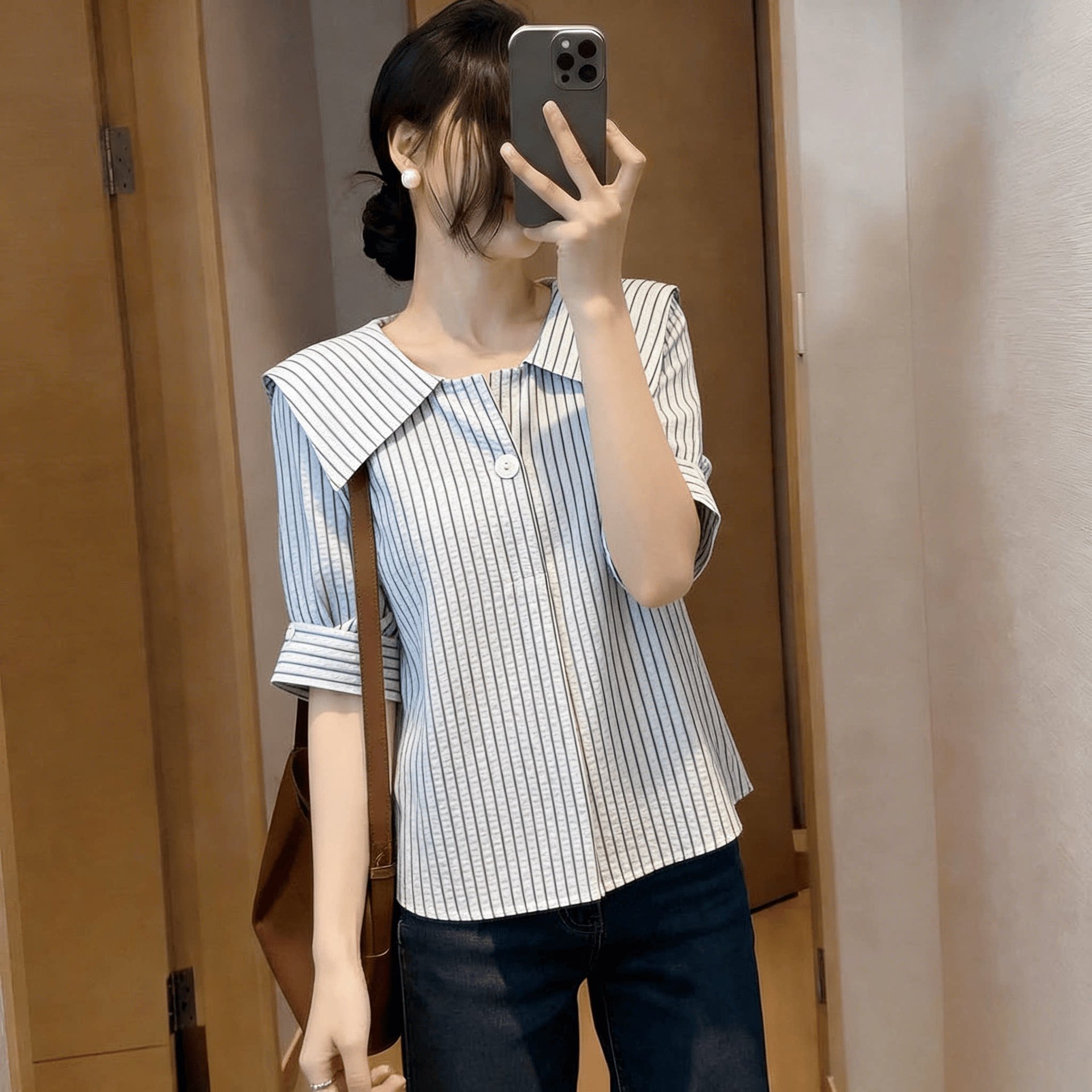 Áo sơ mi nữ tay ngắn cổ bẻ sọc hải quân phong cách Hàn Quốc — xanh lam chi tiết 1