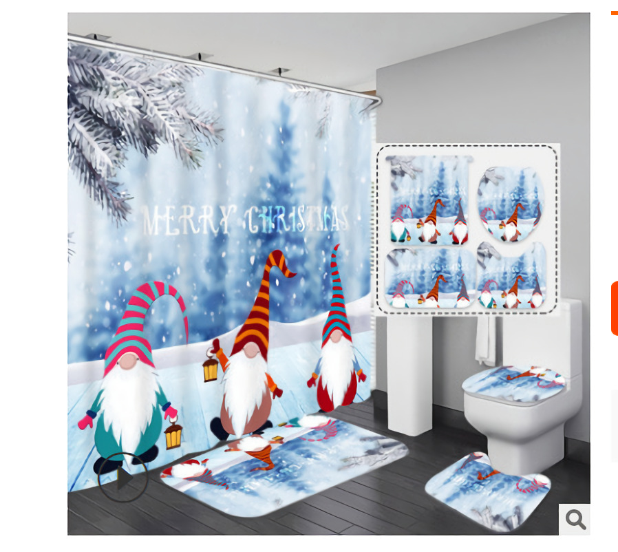外贸新款圣诞节浴帘四件套圣诞老人3D数码印花浴室帘来 图 定 制|ru