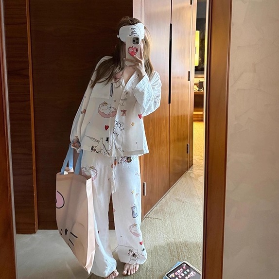 日系可爱卡通印花睡衣女夏季新款大码亲肤舒适长袖长裤家居服套装|undefined