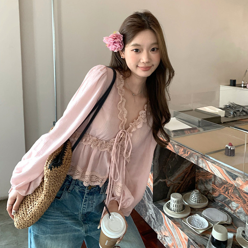 French-Style V-Neck Lace-Up Chiffon Shirt for Women, Summer Off-Shoulder Long-Sleeve Loose and Flowy Sweet Date Outfit