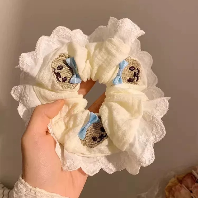 55# tender yellow lace embroidered bear light blue bow about 13cm