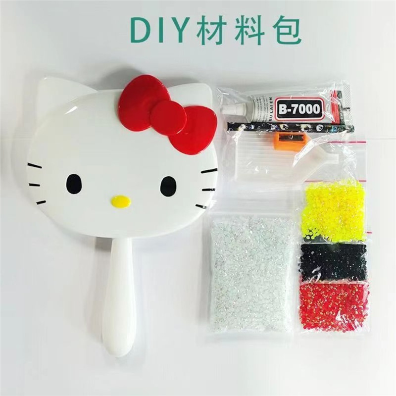 手工diy贴钻满钻kt猫手柄镜子化妆镜网红hellokitty手持镜学生宿