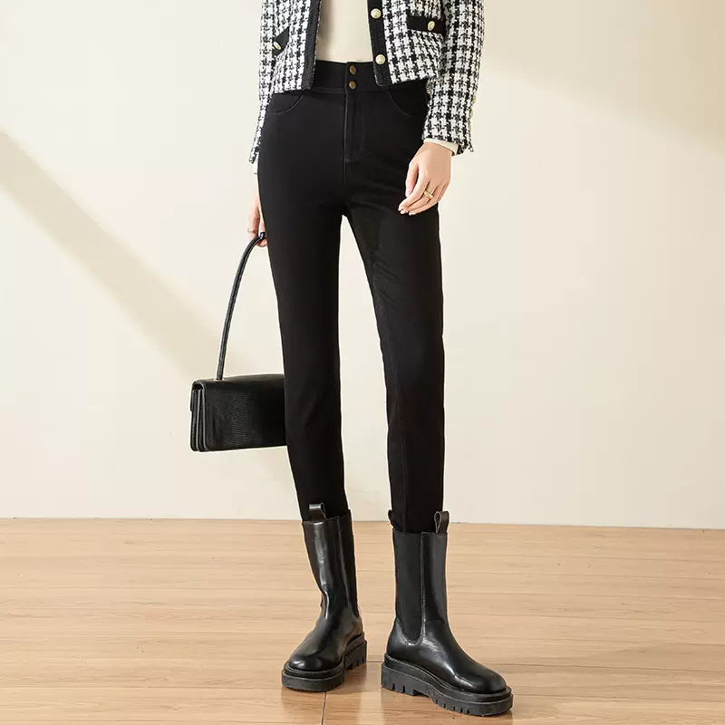 加绒紧身高腰牛仔裤女小脚裤子女冬季新款百搭修身显瘦弹力铅笔裤