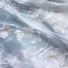 国风新中式欧根纱大花朵刺绣防晒纱服装面料女童女装纱裙绣花布料