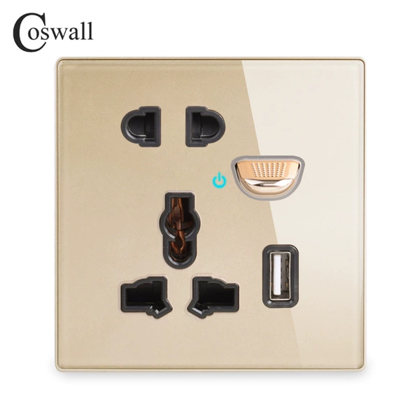 Glass golden multi-hole with switch and USB charging (DC 5V, 2.4A Max.)