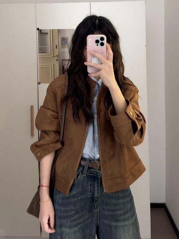 Maillard retro stand-up collar jacket 2026 spring and autumn new loose-fitting short coat for petite individuals, brown Maillard retro stand-up collar jacket 2026 spring and autumn new loose-fitting short coat for petite individuals, brown