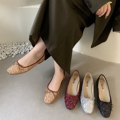 仙女鞋溫柔單鞋2024年春新款淺口圓頭蝴蝶結亮片軟底一腳蹬豆豆鞋