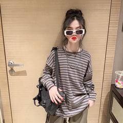 女童春裝長袖T恤2024新款中大童洋氣衛衣兒童春秋條紋打底衫外穿