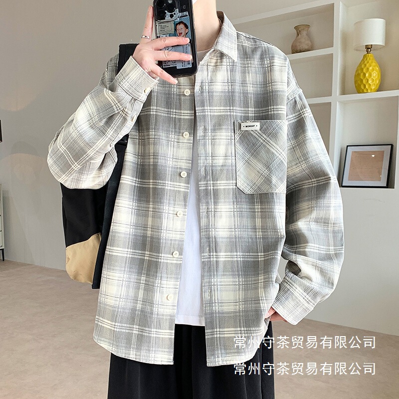 Spring and Autumn Plaid Shirt Jacket for Boys and Teenagers, Pure Cotton Top, Large Size Men's Clothing, Loose Casual Long-Sleeved Wholesale