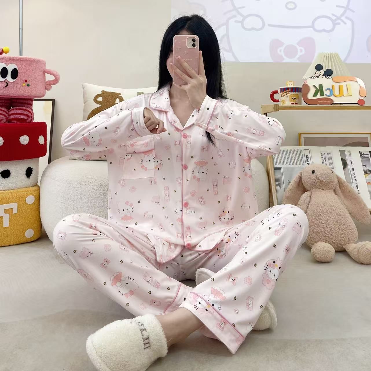 Cross-Border Wholesale Imitation Cotton Autumn and Winter 180g Lapel Home Suit Pajamas Women's Cardigan Long-Sleeved Pants Cute and Loose