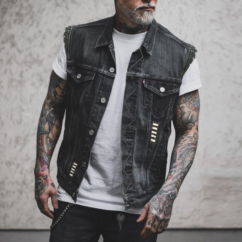 European and American Punk Casual Men's Denim Vest Sleeveless Lapel Denim Jacket Cross-Border E-Commerce Special Supply 2195