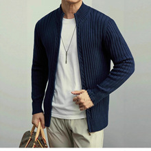 高级感简约修身长袖条纹针织开衫男士冬季时尚拉链立领毛衣外套潮