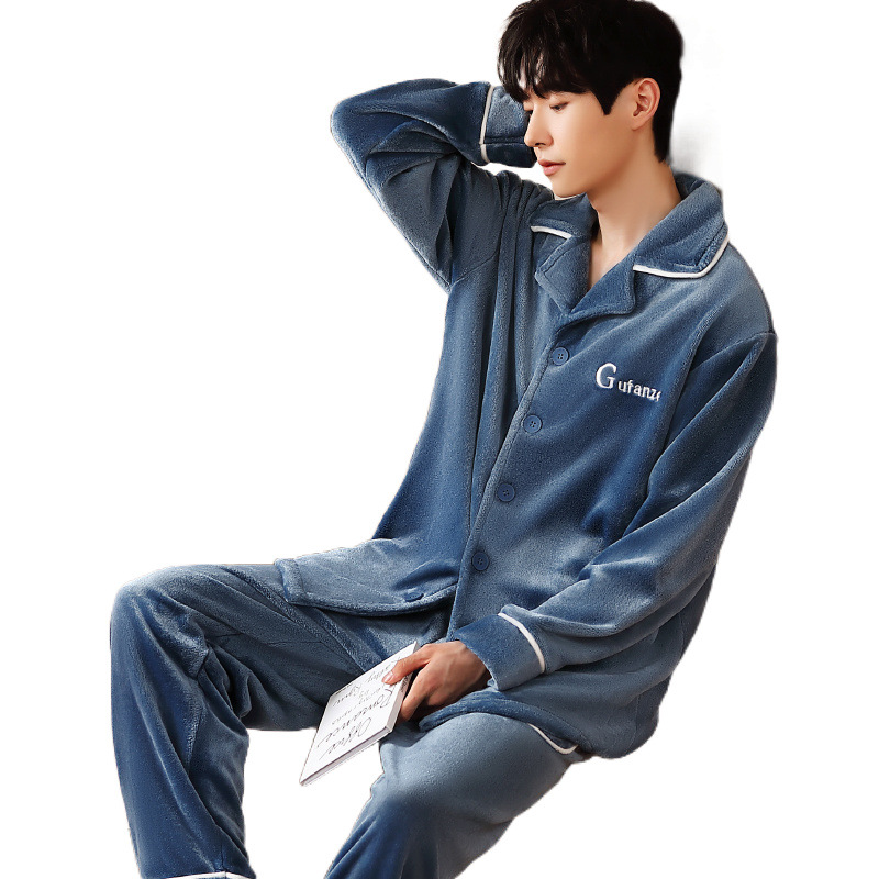 남성 잠옷 산호 벨벳 플러스 벨벳 두꺼운 플란넬 새로운 대형 따뜻한 가정 복장 남성 가을, 겨울