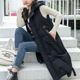 Cross-border New Autumn and Winter New Cotton Vest Women's Mid-length Hooded Korean Style Loose Cotton Vest Women's Sleeveless