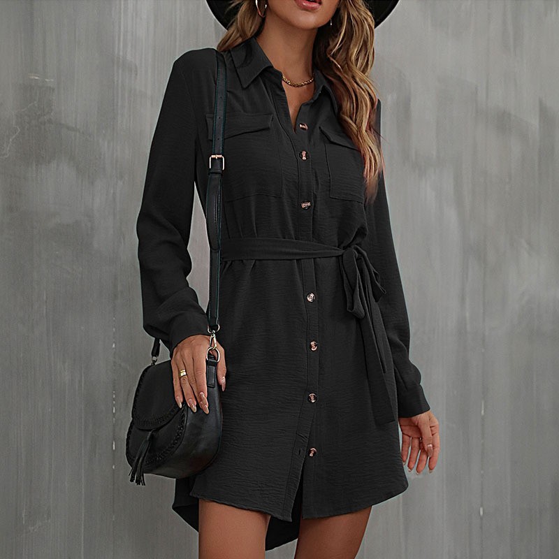 Women's Top 2024 Autumn Cardigan Flip Collar Women's Commuter Tie Up Shirt Dress_voghion.com