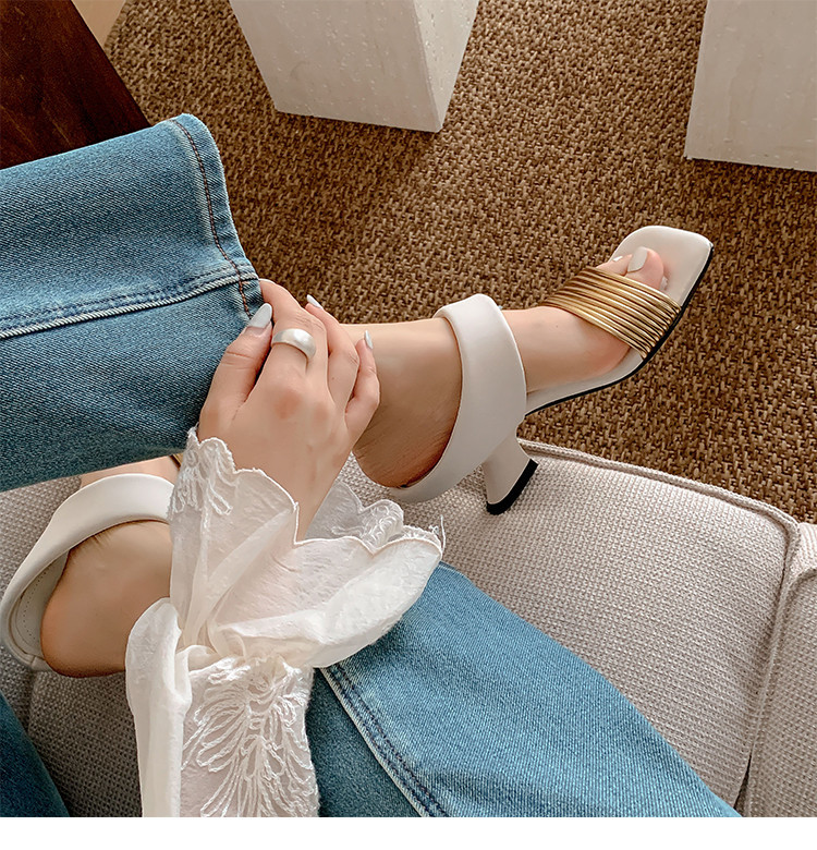 Dép xỏ ngón nữ mũi vuông cao gót thời trang mùa hè — nâu, Màu trắng nhạt chi tiết 14
