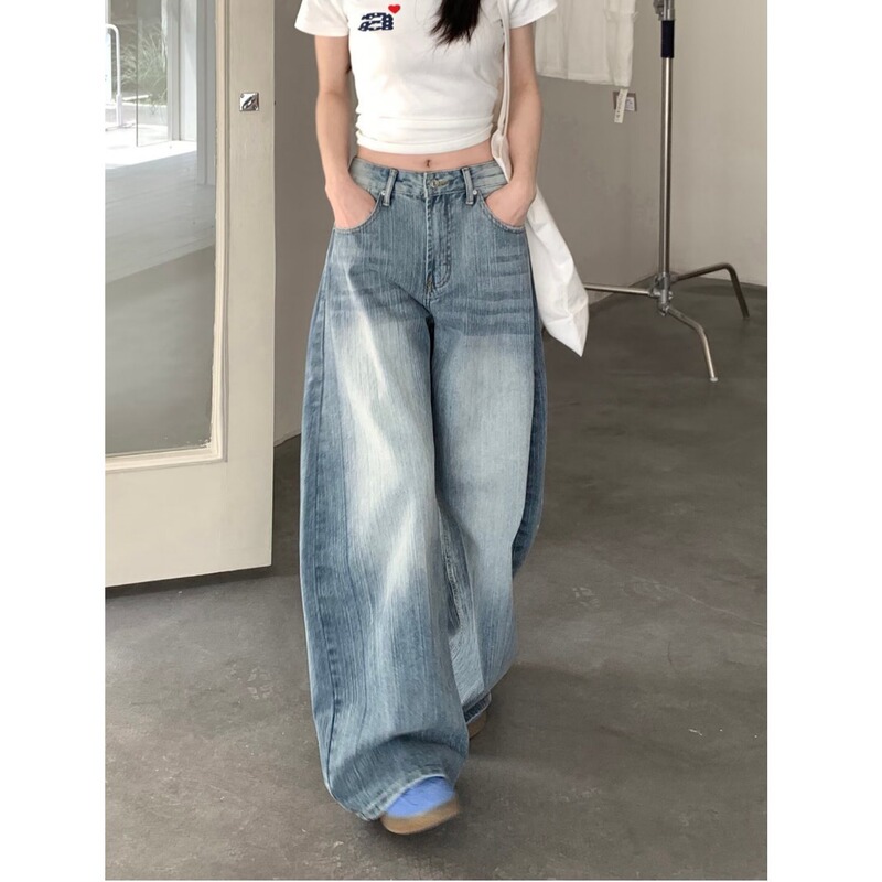 American Retro Light-Colored Scratched Casual Jeans for Women, Spring Design Trendy Brand Washed Loose Wide-Leg Long Pants