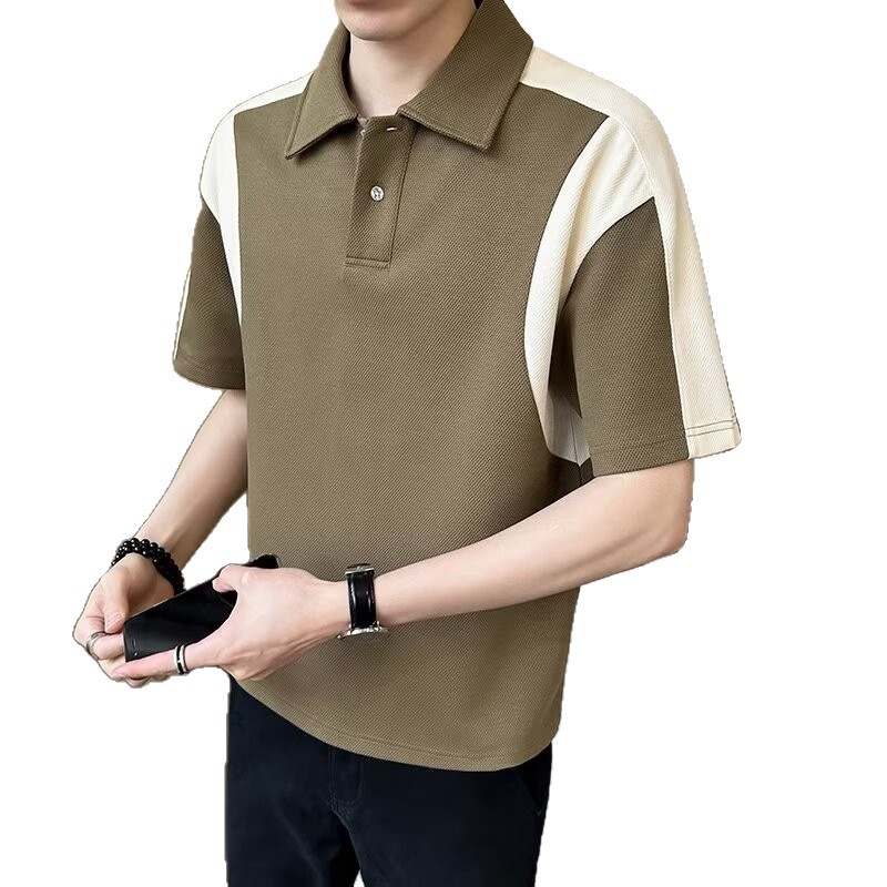 Trendige Kurzarm-Poloshirts im Patchwork-Stil für Herren – vielseitig, locker geschnitten, aus schwerem, atmungsaktivem Baumwollmischgewebe_voghion.com