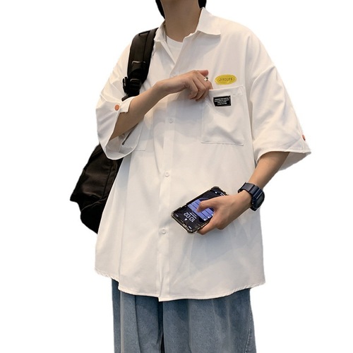 Men's Summer Thin-Padded Button-Down Short-Sleeve Shirt, Loose and Versatile Casual Trendy Instagram Hong Kong Style Japanese Five-Sleeve Outerwear