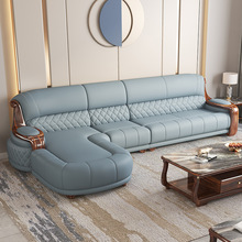 新中式乌金木头层牛皮沙发客厅转角真皮沙发简约时尚中小户型沙发