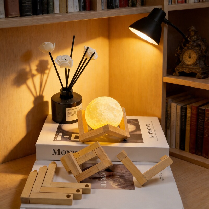 Moon Lamp Solid Wood Splicing Wooden Art Night Light Base Ornament/Creative Desktop Decoration DIY Stand