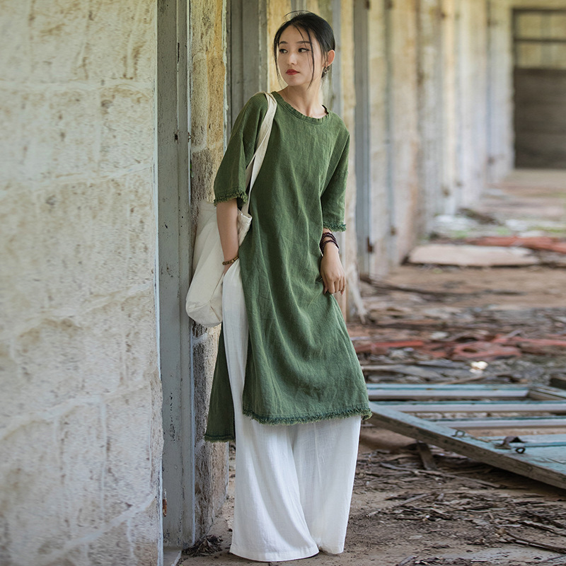 26 Spring/Summer New Cotton and Linen Women's Clothing Ramie Sand-Washed Brushed Zen Robe Half-Sleeve Dress Travel Casual Long Dress