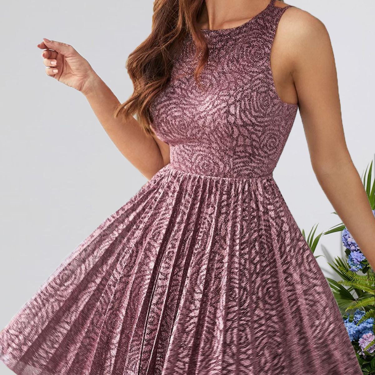 Evening Dress with Metallic Print, Backless Cross-Tie Design, Sexy Spaghetti Straps, Bridesmaid Dress, Graduation Season Prom Dress with Short Skirt