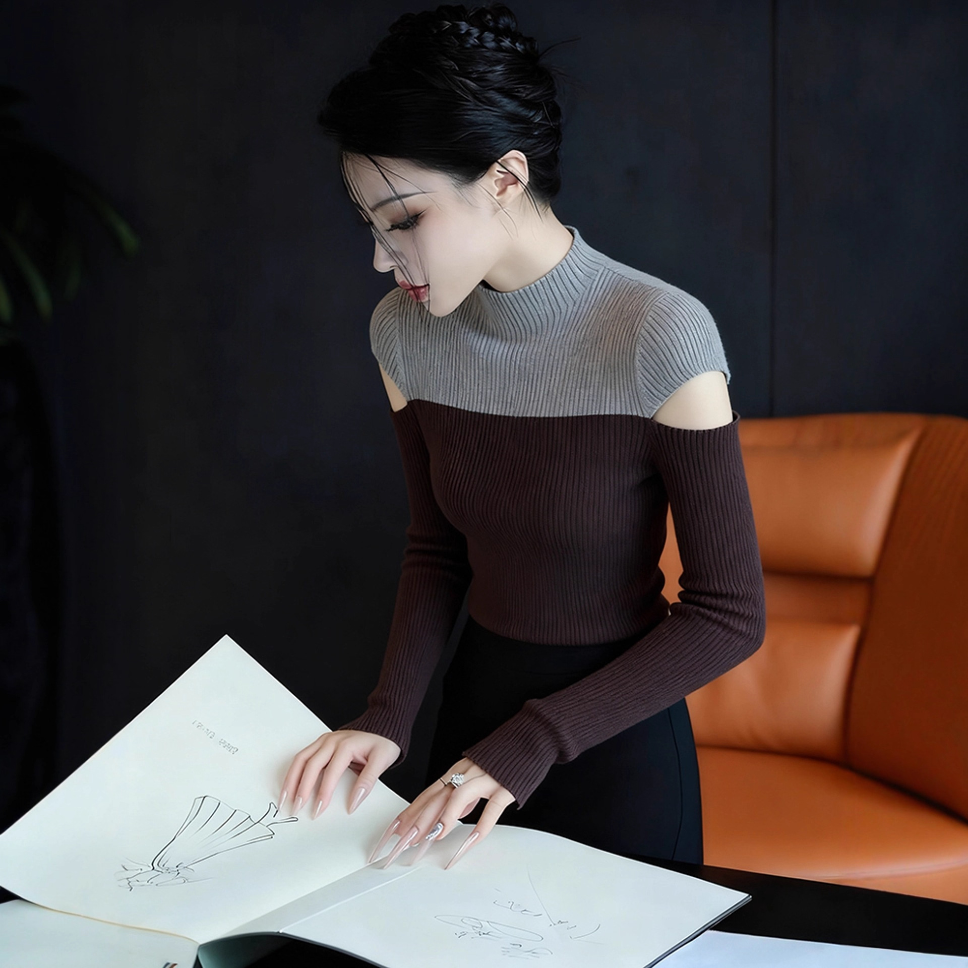 绝美巨好看早秋上衣女设计感小众气质高端掐腰咖色撞色针织打底衫