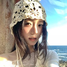 1波西米亚手工针织花朵流苏包头帽女夏新款镂空钩花民族风针织冷