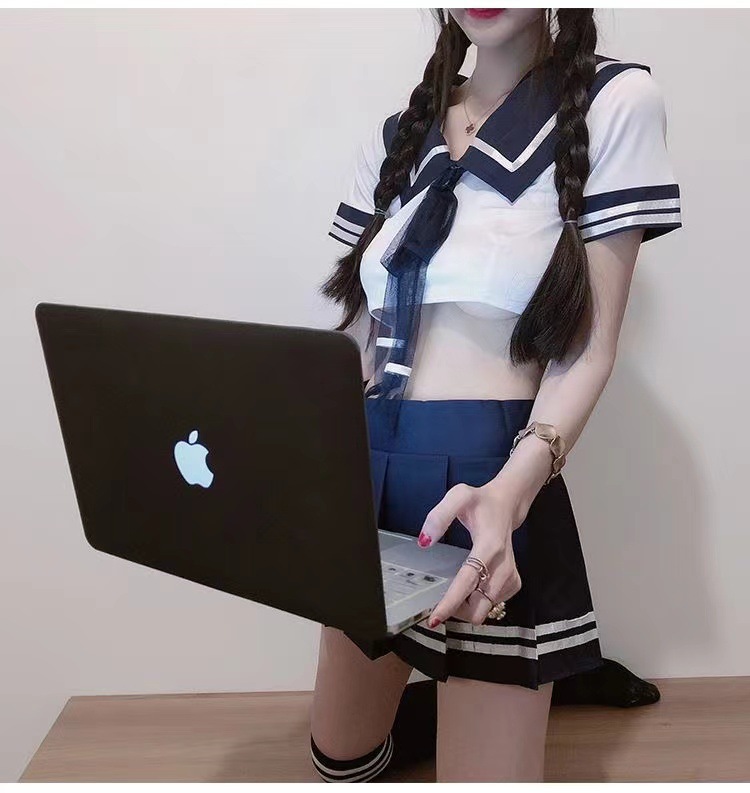 College-Style Roleplay Uniform Set with Navy Collar Miniskirt and Student Socks — detail image 10