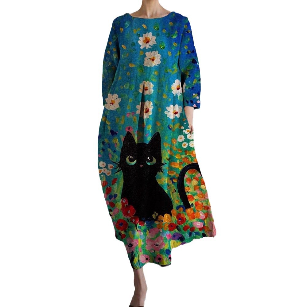 Elegant Retro Printing Crafts Long Sleeve Dress Ladies