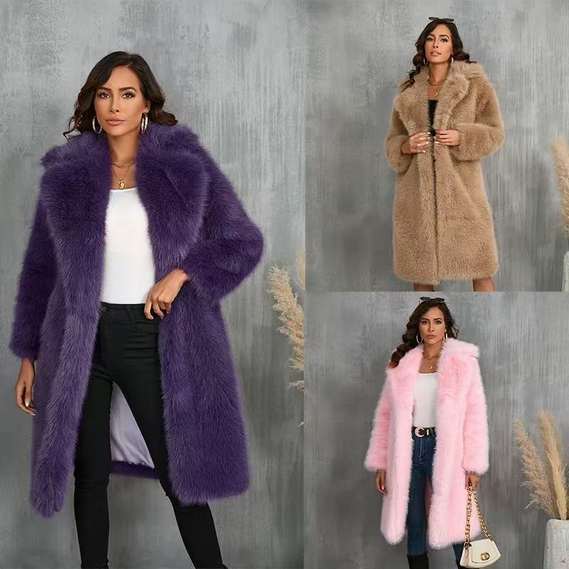 European and American Cross-Border Women's Clothing Popular Autumn and Winter Elegant Thickened Suit Collar Imitation Fur Coat Long Plush Fur Coat European and American Cross-Border Women's Clothing Popular Autumn and Winter Elegant Thickened Suit Collar Imitation Fur Coat Long Plush Fur Coat