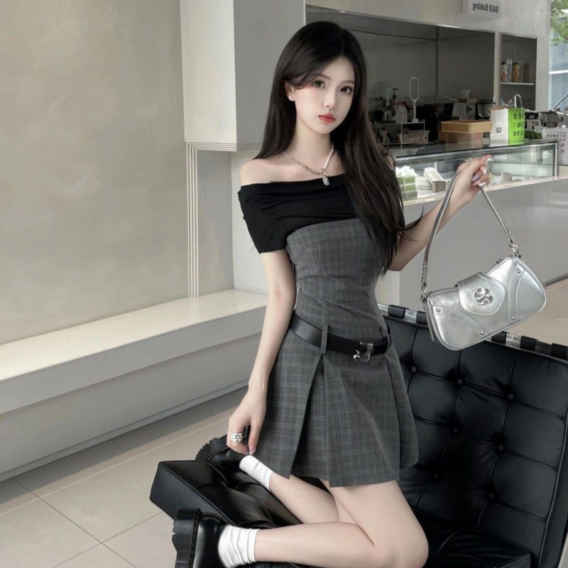 フレンチワンショルダーフェイクツーピースチェック柄パッチワークウエストプリーツドレス女性通勤夏ミドル丈|undefined