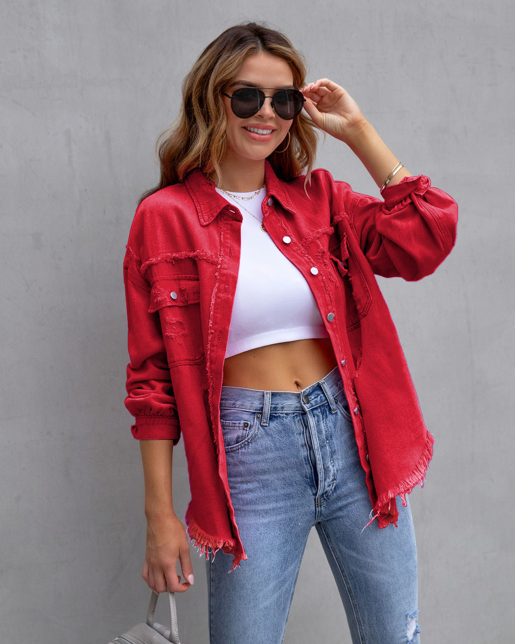 Giacca di jeans donna con volant strappata bavero manica lunga_voghion.com
