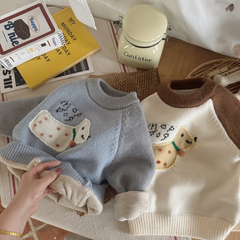 Children's Sweater Boys and Girls Thickened Casual Knitted Sweater Winter New Baby Cartoon Pullover Base Shirt Warm Cross-Border
