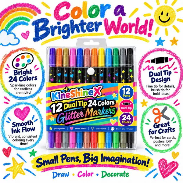 KineShineX dual-tip 24-color glitter marker pens, dual-color highlighters, soft-tip, for elementary school art, 12 pieces