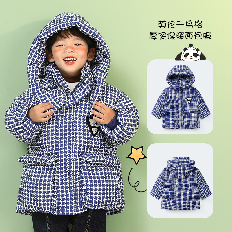 Invierno nuevos hombres y mujeres ropa infantil medio y grande con capucha engrosada estilo más tamaño de pata de gallo abajo abrigo de algodón acolchado