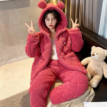 冬季睡衣女冬款夹棉绒长袖套装三层夹棉法兰绒加绒加厚秋冬家居服
