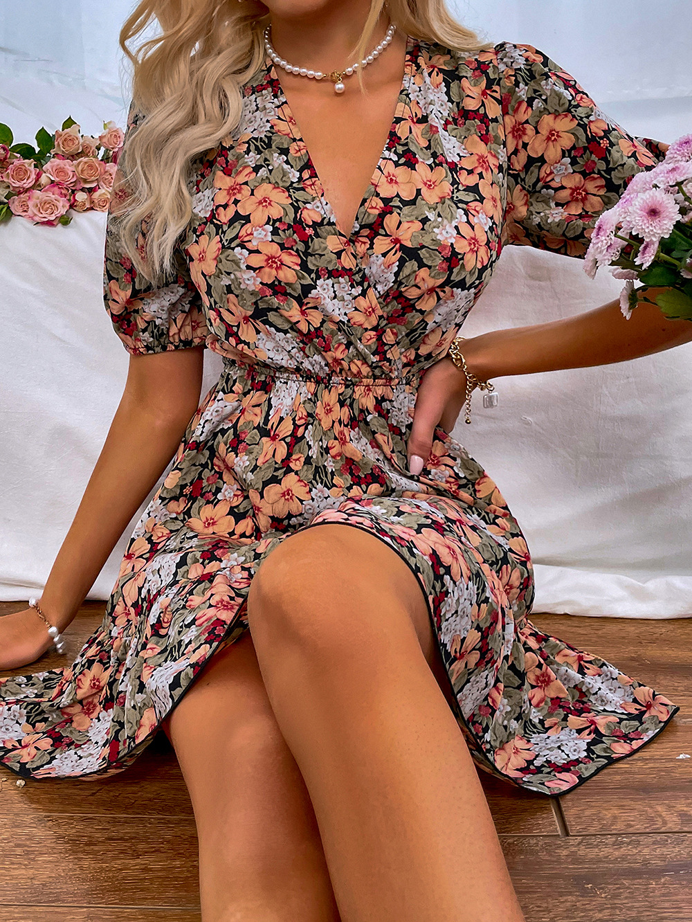 v-neck short-sleeved backless lace-up floral dress NSDF127629