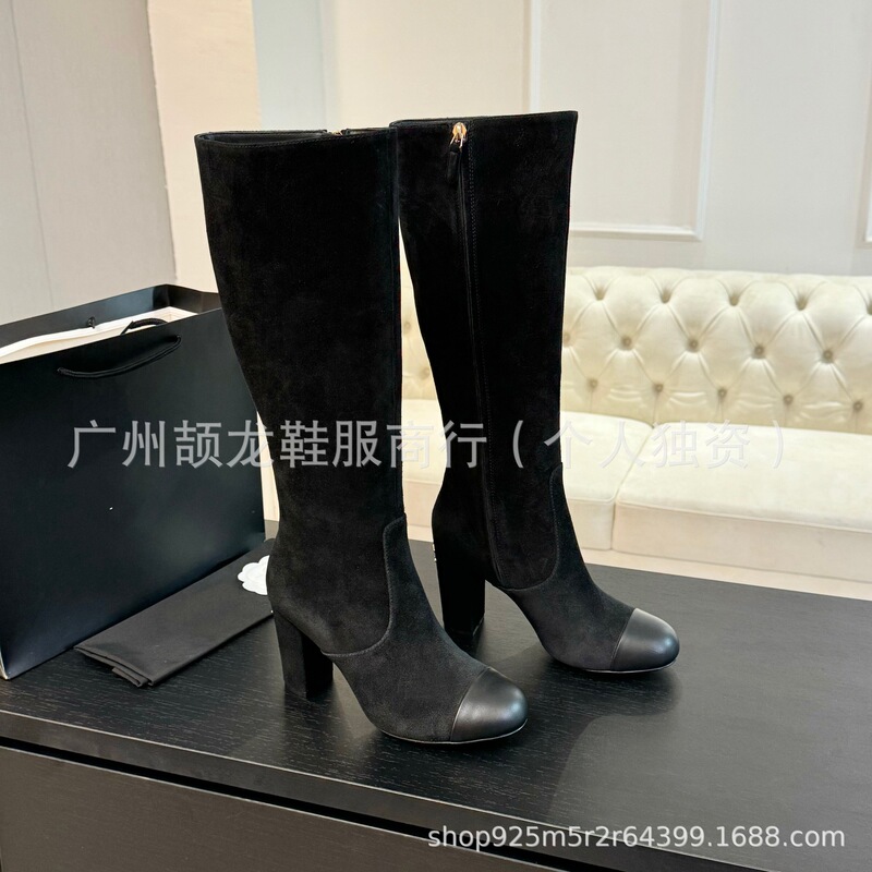 高端2025冬小香真皮圆头拼色复古粗高跟侧拉链高筒显瘦不过膝长靴|undefined